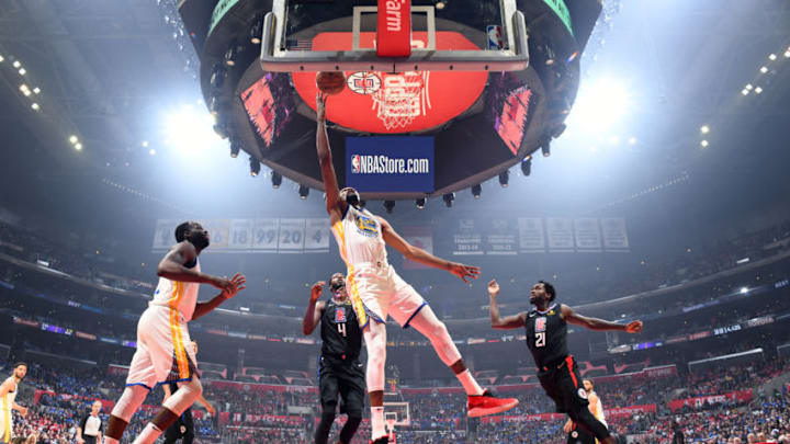 LOS ANGELES, CA - APRIL 26: Kevin Durant #35 of the Golden State Warriors goes to the basket against the LA Clippers during Game Six of Round One of the 2019 NBA Playoffs on April 26, 2019 at STAPLES Center in Los Angeles, California. NOTE TO USER: User expressly acknowledges and agrees that, by downloading and/or using this photograph, user is consenting to the terms and conditions of the Getty Images License Agreement. Mandatory Copyright Notice: Copyright 2019 NBAE (Photo by Andrew D. Bernstein/NBAE via Getty Images)