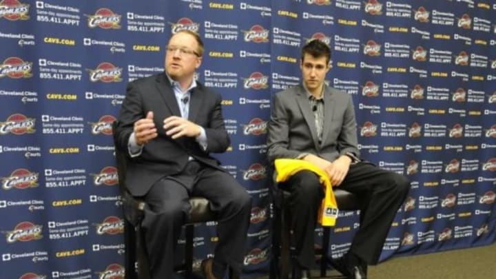 Jul 23, 2013; Independence, OH, USA; Cleveland Cavaliers vice president of basketball operations David Griffin introduces first round draft pick Sergey Karasev during a press conference at Cleveland Clinic Courts. Mandatory Credit: David Richard-USA TODAY Sports