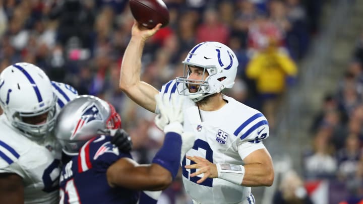 FOXBOROUGH, MA – OCTOBER 04: Andrew Luck #12 of the Indianapolis Colts throws a pass during the first half against the New England Patriots at Gillette Stadium on October 4, 2018 in Foxborough, Massachusetts. (Photo by Adam Glanzman/Getty Images)