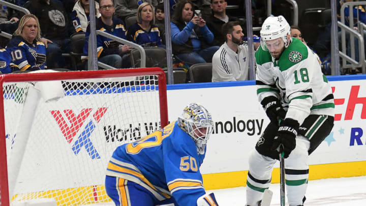 ST. LOUIS, MO- FEBRUARY 08: St. Louis Blues goaltender Jordan Binnington (50) blocks a shot by Dallas Stars center Jason Dickinson (18) in the first period during an NHL game between the Dallas Stars and the St. Louis Blues, on February 08, 2020, at Enterprise Center, St. Louis, MO. Photo by Keith Gillett/Icon Sportswire via Getty Images)