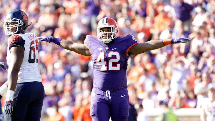 CLEMSON, SC - NOVEMBER 05: Christian Wilkins #42 of the Clemson Tigers reacts after making a tackle during the game against the Syracuse Orange at Memorial Stadium on November 5, 2016 in Clemson, South Carolina. (Photo by Tyler Smith/Getty Images)