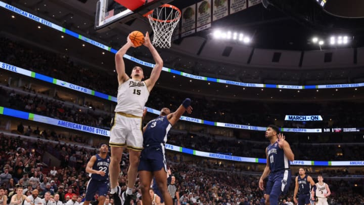CHICAGO, ILLINOIS - MARCH 12: Zach Edey #15 of the Purdue Boilermakers shoots against the Penn State Nittany Lions during the Big Ten Basketball Tournament Championship game at United Center on March 12, 2023 in Chicago, Illinois. (Photo by Michael Reaves/Getty Images)