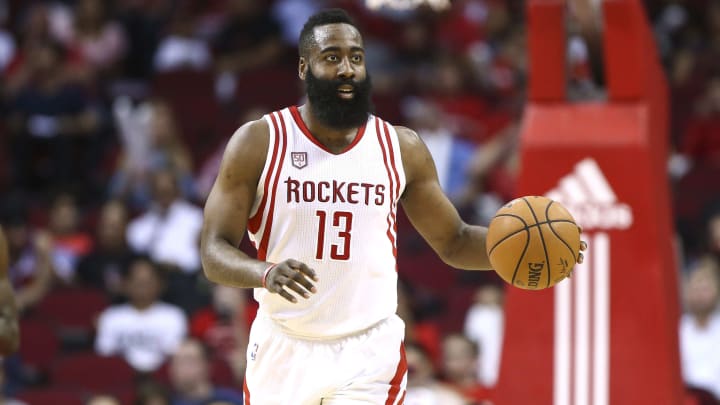 Apr 12, 2017; Houston, TX, USA; Houston Rockets guard James Harden (13) dribbles the ball during the first quarter against the Minnesota Timberwolves at Toyota Center. Mandatory Credit: Troy Taormina-USA TODAY Sports