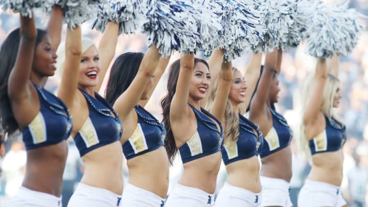 LOS ANGELES, CA - AUGUST 12: The Rams Cheerleaders stand on the field prior to the start of the preseason game between the Los Angeles Rams and the Dallas Cowboys at the Los Angeles Memorial Coliseum on August 12, 2017 in Los Angeles, California. (Photo by Josh Lefkowitz/Getty Images)