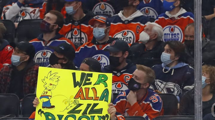 Edmonton Oilers Fans, 2022; Edmonton, Alberta, CAN; Edmonton Oilers fans hold up a sign that make reference to comments made by forward Leon Draisaitl (29) to a local journalist at Rogers Place. Mandatory Credit: Perry Nelson-USA TODAY Sports