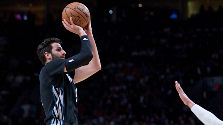 Apr 6, 2017; Portland, OR, USA; Minnesota Timberwolves guard Ricky Rubio (9) shoots a three point basket against the Portland Trail Blazers during the first quarter at the Moda Center. Mandatory Credit: Craig Mitchelldyer-USA TODAY Sports