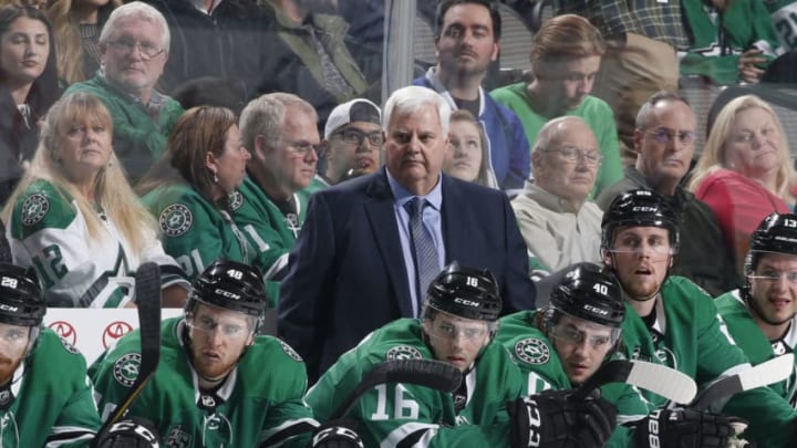 DALLAS, TX - JANUARY 25: Ken Hitchcock, head coach of the Dallas Stars watches the action from the bench against the Toronto Maple Leafs at the American Airlines Center on January 25, 2018 in Dallas, Texas. (Photo by Glenn James/NHLI via Getty Images)