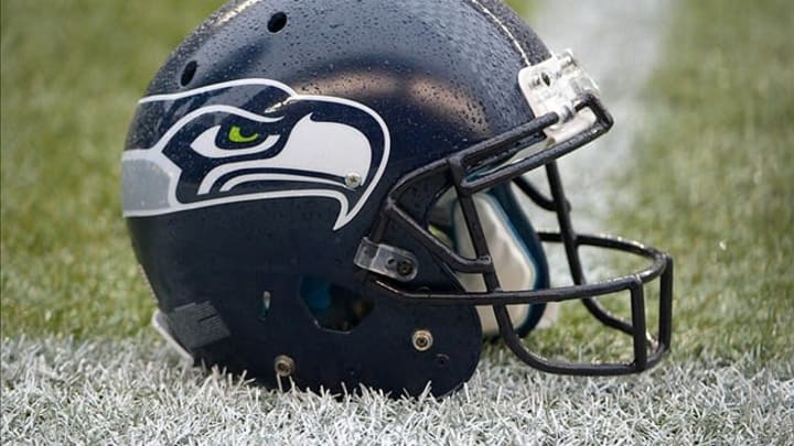 Dec 9, 2012; Seattle, WA, USA; General view of a Seattle Seahawks helmet during the game against the Arizona Cardinals at CenturyLink Field. Mandatory Credit: Kirby Lee/Image of Sport-USA TODAY Sports