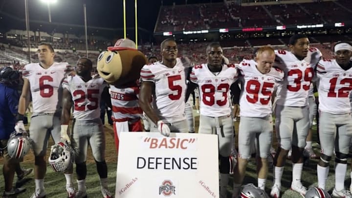 Sep 17, 2016; Norman, OK, USA; Ohio State Buckeyes players celebrate the victory against the Oklahoma Sooners at Gaylord Family - Oklahoma Memorial Stadium. Mandatory Credit: Kevin Jairaj-USA TODAY Sports