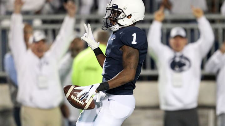 Sep 29, 2018; University Park, PA, USA; Penn State Nittany Lions wide receiver KJ Hamler (1) runs the ball into the end zone for a touchdown during the second quarter against the Ohio State Buckeyes at Beaver Stadium. Mandatory Credit: Matthew O’Haren-USA TODAY Sports