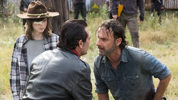 Andrew Lincoln as Rick Grimes, Chandler Riggs as Carl Grimes, Jeffrey Dean Morgan as Negan - The Walking Dead _ Season 7, Episode 16 - Photo Credit: Gene Page/AMC