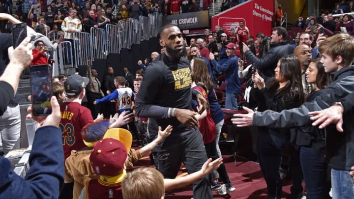 CLEVELAND, OH - FEBRUARY 3: LeBron James #23 of the Cleveland Cavaliers is introduced prior to the game against the Houston Rockets on February 3, 2018 at Quicken Loans Arena in Cleveland, Ohio. NOTE TO USER: User expressly acknowledges and agrees that, by downloading and or using this Photograph, user is consenting to the terms and conditions of the Getty Images License Agreement. Mandatory Copyright Notice: Copyright 2018 NBAE (Photo by David Liam Kyle/NBAE via Getty Images)