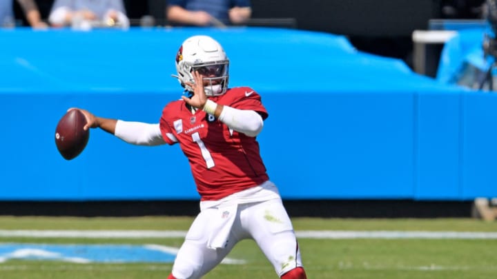 CHARLOTTE, NORTH CAROLINA - OCTOBER 04: Kyler Murray #1 of the Arizona Cardinals drops back to pass against the Carolina Panthers during the first quarter of their game at Bank of America Stadium on October 04, 2020 in Charlotte, North Carolina. (Photo by Grant Halverson/Getty Images)