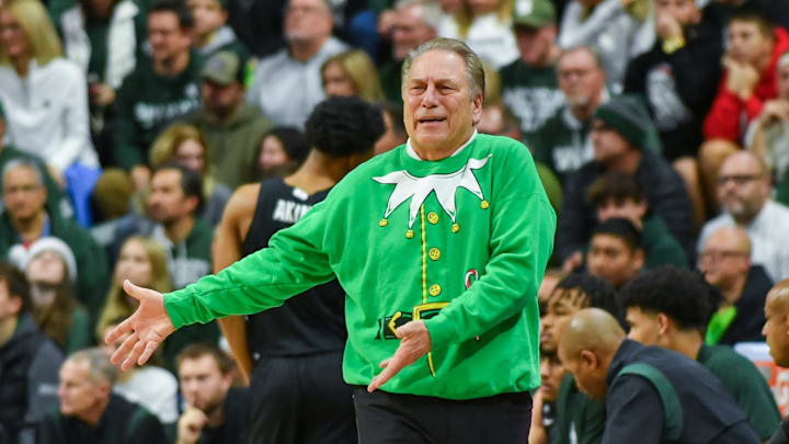 EAST LANSING, MICHIGAN – DECEMBER 21: Head Basketball Coach Tom Izzo of the Michigan State Spartans reacts during the first half of a college basketball game against the Oakland Golden Grizzlies at Breslin Center on December 21, 2022 in East Lansing, Michigan. (Photo by Aaron J. Thornton/Getty Images)