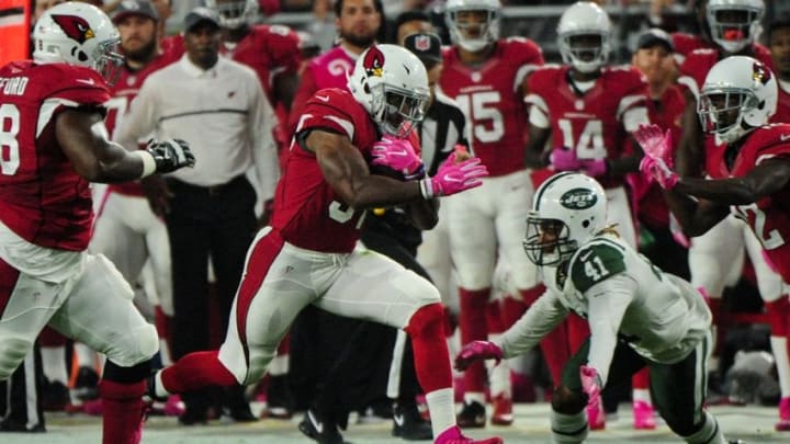 Oct 17, 2016; Glendale, AZ, USA; Arizona Cardinals running back David Johnson (31) rus for a touchdown in the first half against the New York Jets at University of Phoenix Stadium. Mandatory Credit: Matt Kartozian-USA TODAY Sports