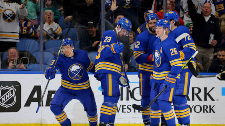 Mar 9, 2023; Buffalo, New York, USA; Buffalo Sabres left wing Jeff Skinner (53) celebrates his goal with teammates during the third period against the Dallas Stars at KeyBank Center. Mandatory Credit: Timothy T. Ludwig-USA TODAY Sports