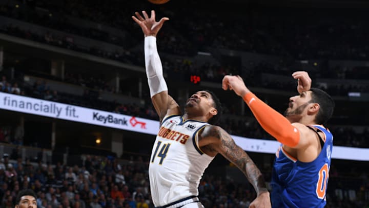 DENVER, CO - JANUARY 1: Gary Harris #14 of the Denver Nuggets goes to the basket against the New York Knicks on January 1, 2019 at the Pepsi Center in Denver, Colorado. NOTE TO USER: User expressly acknowledges and agrees that, by downloading and/or using this photograph, user is consenting to the terms and conditions of the Getty Images License Agreement. Mandatory Copyright Notice: Copyright 2019 NBAE (Photo by Garrett Ellwood/NBAE via Getty Images)