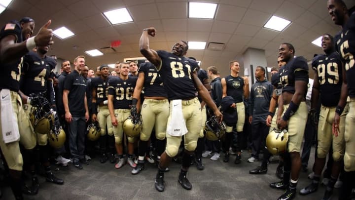 Nov 19, 2016; West Point, NY, USA; Army Black Knights wide receiver Jeff Ejekam (81) dances with teammates while celebrating a 60-3 win over the Morgan State Bears at Michie Stadium. Mandatory Credit: Danny Wild-USA TODAY Sports