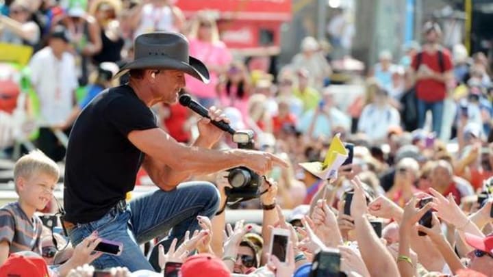 Nov 22, 2015; Homestead, FL, USA; Recording artist Tim McGraw performs prior to the Ford EcoBoost 400 at Homestead-Miami Speedway. Mandatory Credit: Jasen Vinlove-USA TODAY Sports