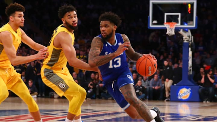 NEW YORK, NY - MARCH 15: Seton Hall Pirates guard Myles Powell (13) during the second half of the Big East Conference semi final college basketball game in overtime between the Seton Hall Pirates and the Marquette Golden Eagles on March 15, 2019 at Madison Square Garden in New York, NY. (Photo by Rich Graessle/Icon Sportswire via Getty Images)