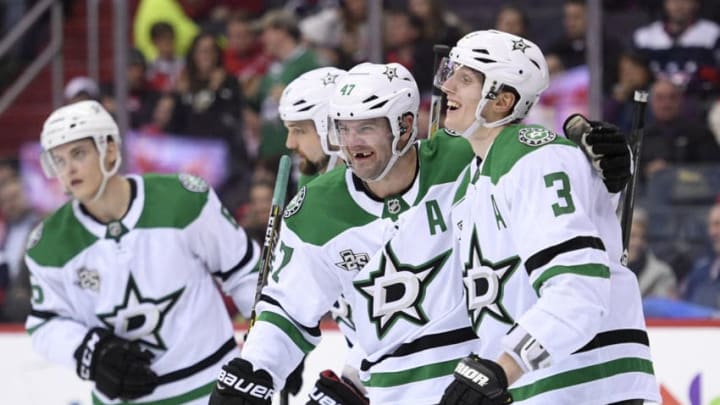 WASHINGTON, DC - MARCH 20: Alexander Radulov #47 of the Dallas Stars celebrates his goal with John Klingberg #3 against the Washington Capitals during the second period at Capital One Arena on March 20, 2018 in Washington, DC. (Photo by Nick Wass/NHLI via Getty Images)