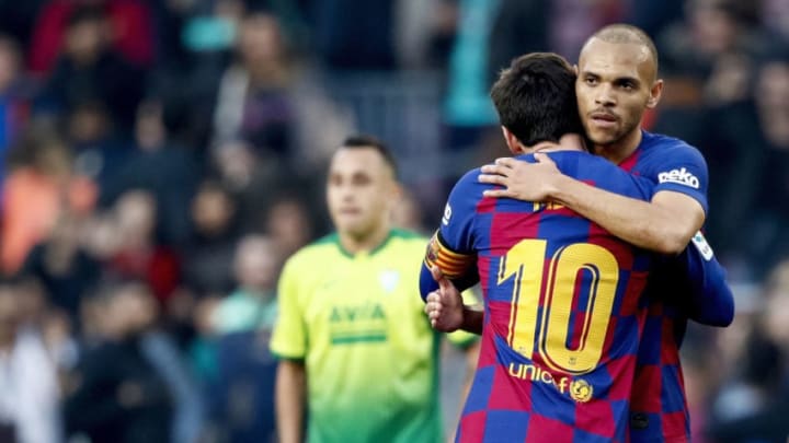 BARCELONA, SPAIN - FEBRUARY 22: Lionel Messi of FC Barcelona, Martin Braithwaite of FC Barcelona celebrates the victory during the La Liga Santander match between FC Barcelona v Eibar at the Camp Nou on February 22, 2020 in Barcelona Spain (Photo by David S. Bustamante/Soccrates/Getty Images)