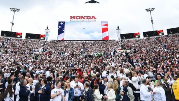 Jan 2, 2017; Pasadena, CA, USA; The B-2 bomber flies over before the 2017 Rose Bowl game between the Penn State Nittany Lions and the USC Trojans at Rose Bowl. Mandatory Credit: Jayne Kamin-Oncea-USA TODAY Sports