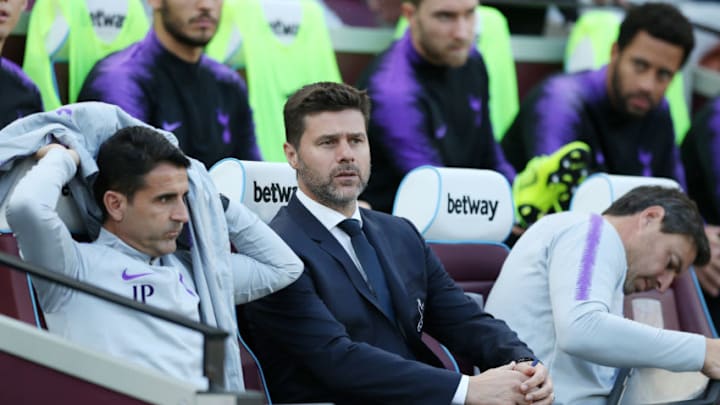 20th October 2018, London Stadium, London, England; EPL Premier League football, West Ham United versus Tottenham Hotspur; Tottenham Hotspur Manager Mauricio Pochettino looks on from the dugout (photo by John Patrick Fletcher/Action Plus via Getty Images)