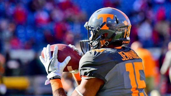 Dec 30, 2016; Nashville , TN, USA; Tennessee Volunteers wide receiver Jauan Jennings (15) catches a pass during warm ups prior to the game against the Nebraska Cornhuskers at Nissan Stadium. Mandatory Credit: Jim Brown-USA TODAY Sports