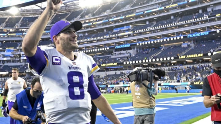 Nov 14, 2021; Inglewood, California, USA; Minnesota Vikings quarterback Kirk Cousins (8) waves to fans as he leaves the field after defeating the Los Angeles Chargers at SoFi Stadium. Mandatory Credit: Jayne Kamin-Oncea-USA TODAY Sports