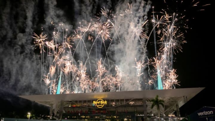 Fireworks are seen over the Hard Rock Stadium during the halftime show at Super Bowl LIV between the Kansas City Chiefs and the San Francisco 49ers in Florida, on February 2, 2020. (Photo by Eva Marie UZCATEGUI / AFP) (Photo by EVA MARIE UZCATEGUI/AFP via Getty Images)