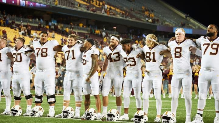 MINNEAPOLIS, MN – AUGUST 30: The New Mexico State Aggies sing the school song after the game against the New Mexico State Aggies on August 30, 2018 at TCF Bank Stadium in Minneapolis, Minnesota. The Golden Gophers defeated the Aggies 48-10. (Photo by Hannah Foslien/Getty Images)