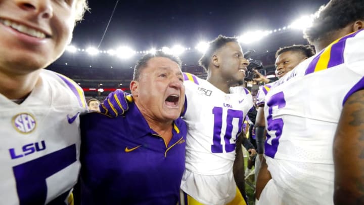 TUSCALOOSA, ALABAMA - NOVEMBER 09: Head coach Ed Orgeron of the LSU Tigers celebrates after defeating the Alabama Crimson Tide 46-41 at Bryant-Denny Stadium on November 09, 2019 in Tuscaloosa, Alabama. (Photo by Kevin C. Cox/Getty Images)