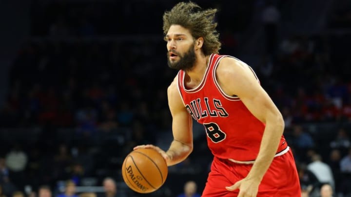 Dec 6, 2016; Auburn Hills, MI, USA; Chicago Bulls center Robin Lopez (8) against the Detroit Pistons at The Palace of Auburn Hills. The Pistons won 102-91.Mandatory Credit: Aaron Doster-USA TODAY Sports