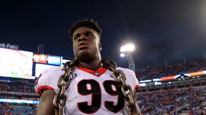 JACKSONVILLE, FLORIDA - NOVEMBER 02: Jordan Davis #99 of the Georgia Bulldogs looks on after winning a game against the Georgia Bulldogs on November 02, 2019 in Jacksonville, Florida. (Photo by Mike Ehrmann/Getty Images)