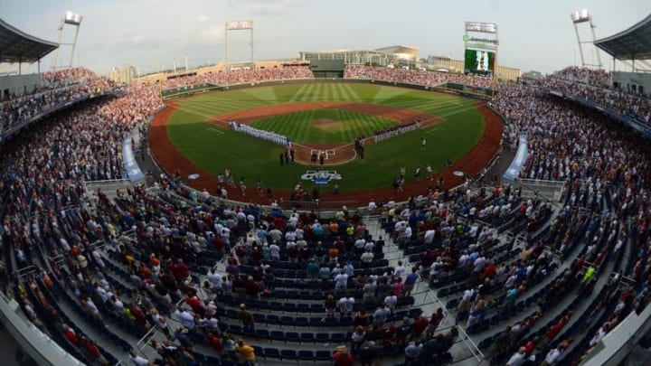 Jun 25, 2013; Omaha, NE, USA; General view of TD Ameritrade Park during the national anthem before game 2 of the College World Series finals between the UCLA Bruins and the Mississippi State Bulldogs. Mandatory Credit: Kyle Terada-USA TODAY Sports