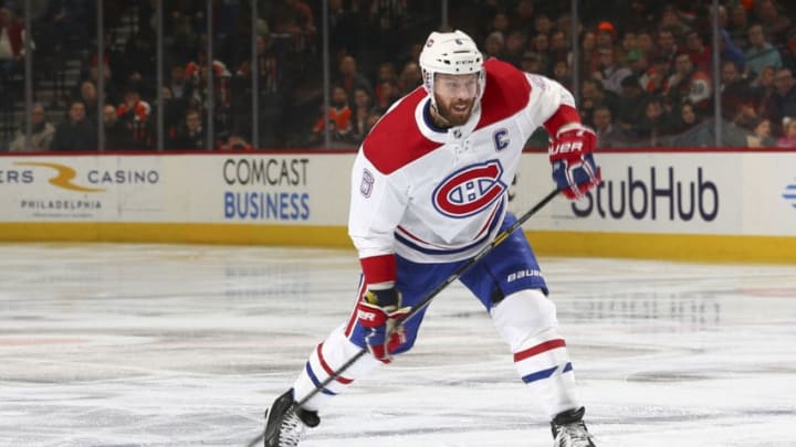 PHILADELPHIA, PA - JANUARY 16: Shea Weber #6 of the Montreal Canadiens shoots the puck against the Philadelphia Flyers at the Wells Fargo Center on January 16, 2020 in Philadelphia, Pennsylvania. (Photo by Mitchell Leff/Getty Images)