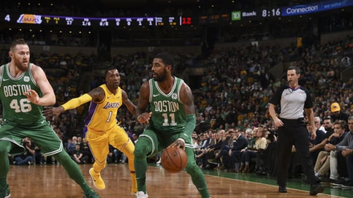 BOSTON, MA – NOVEMBER 8: Kyrie Irving #11 of the Boston Celtics handles the ball against the Los Angeles Lakers on November 8, 2017 at the TD Garden in Boston, Massachusetts. NOTE TO USER: User expressly acknowledges and agrees that, by downloading and or using this photograph, User is consenting to the terms and conditions of the Getty Images License Agreement. Mandatory Copyright Notice: Copyright 2017 NBAE (Photo by Brian Babineau/NBAE via Getty Images)