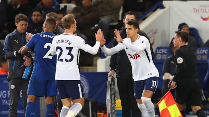 LEICESTER, ENGLAND - NOVEMBER 28: Christian Eriksen of Tottenham Hotspur is substituted for Erik Lamela during the Premier League match between Leicester City and Tottenham Hotspur at The King Power Stadium on November 28, 2017 in Leicester, England. (Photo by Catherine Ivill/Getty Images) LEICESTER, ENGLAND - NOVEMBER 28: Christian Eriksen of Tottenham Hotspur is substituted for Erik Lamela during the Premier League match between Leicester City and Tottenham Hotspur at The King Power Stadium on November 28, 2017 in Leicester, England. (Photo by Catherine Ivill/Getty Images)