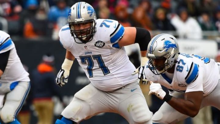 Dec 21, 2014; Chicago, IL, USA; Detroit Lions tackle Riley Reiff (71) during the second half at Soldier Field. Mandatory Credit: Mike DiNovo-USA TODAY Sports