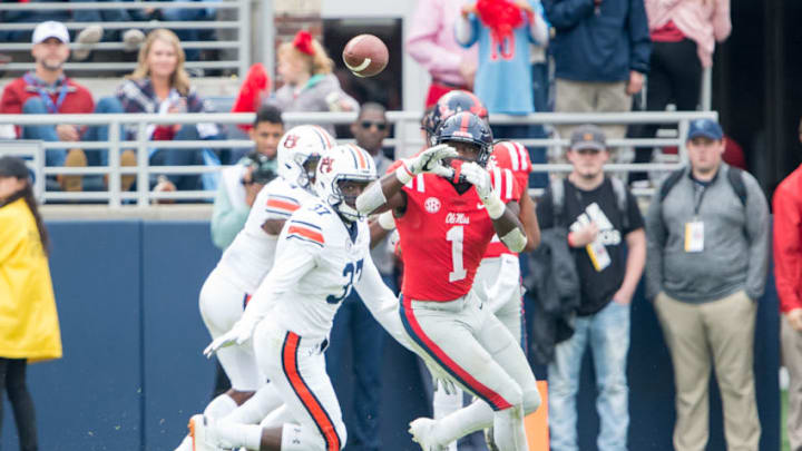 OXFORD, MS - OCTOBER 20: Wide receiver A.J. Brown #1 of the Mississippi Rebels looks to catch a pass in front of linebacker Richard Jibunor #37 of the Auburn Tigers during the forth quarter at Vaught-Hemingway Stadium on October 20, 2018 in Oxford, Mississippi. (Photo by Michael Chang/Getty Images)