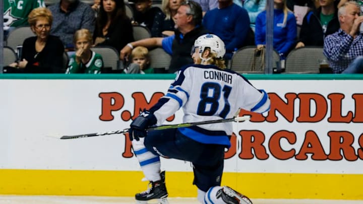 DALLAS, TX - OCTOBER 06: Winnipeg Jets left wing Kyle Connor (81) celebrates a goal during the game between the Dallas Stars and the Winnipeg Jets on October 6, 2018 at the American Airlines Center in Dallas, Texas. Dallas defeats Winnipeg 5-1. (Photo by Matthew Pearce/Icon Sportswire via Getty Images)