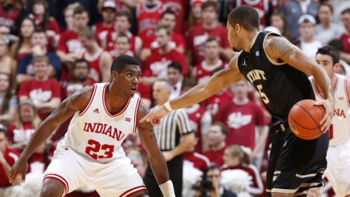 BLOOMINGTON, IN - NOVEMBER 9: Remy Abell #23 of the Indiana Hoosiers defends against Frankie Dobbs #5 of the Bryant Bulldogs during the game at Assembly Hall on November 9, 2012 in Bloomington, Indiana. The Hoosiers won 97-54. (Photo by Joe Robbins/Getty Images)