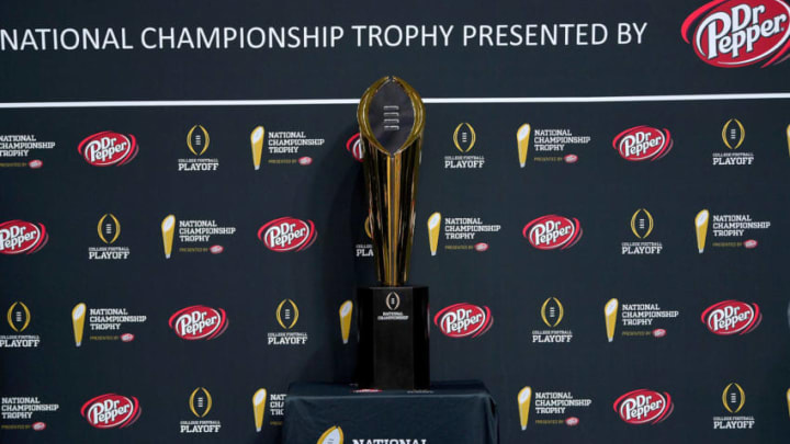 SAN JOSE, CA - JANUARY 05: A detailed view of the National Championship Trophy on display during the College Football Playoff National Championship Media Day for the Alabama Crimson Tide and Clemson Tigers at SAP Center on January 5, 2019 in San Jose, California. (Photo by Thearon W. Henderson/Getty Images)