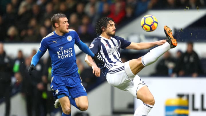 WEST BROMWICH, ENGLAND - MARCH 10: Ahmed El-Sayed Hegazi of West Bromwich Albion controls the ball ahead of Jamie Vardy of Leicester City during the Premier League match between West Bromwich Albion and Leicester City at The Hawthorns on March 10, 2018 in West Bromwich, England. (Photo by Michael Steele/Getty Images)