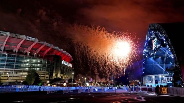 Apr 29, 2021; Cleveland, Ohio, USA; Fireworks go off near the stage after the first round of the 2021 NFL Draft at First Energy Stadium. Mandatory Credit: Kirby Lee-USA TODAY Sports