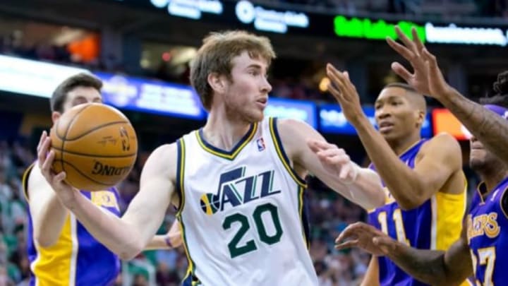 Apr 14, 2014; Salt Lake City, UT, USA; Utah Jazz guard Gordon Hayward (20) looks to pass during the second half against the Los Angeles Lakers at EnergySolutions Arena. The Lakers won 119-104. Mandatory Credit: Russ Isabella-USA TODAY Sports