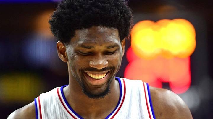 Nov 7, 2016; Philadelphia, PA, USA; Philadelphia 76ers center Joel Embiid (21) reacts against the Utah Jazz during the second quarter at Wells Fargo Center. Mandatory Credit: Eric Hartline-USA TODAY Sports