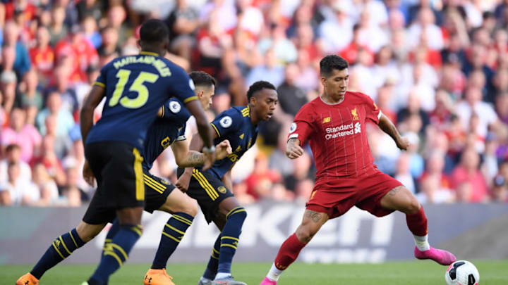 LIVERPOOL, ENGLAND - AUGUST 24: Roberto Firmino of Liverpool controls the ball during the Premier League match between Liverpool FC and Arsenal FC at Anfield on August 24, 2019 in Liverpool, United Kingdom. (Photo by Laurence Griffiths/Getty Images)