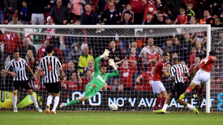 NOTTINGHAM, ENGLAND - AUGUST 29: Matty Cash of Nottingham Forest scores his team's second goal during the Carabao Cup Second Round match between Nottingham Forest and Newcastle United at City Ground on August 29, 2018 in Nottingham, England. (Photo by Laurence Griffiths/Getty Images)